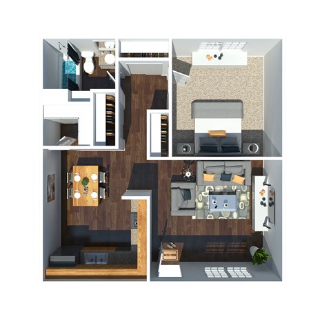 Floor plan for 1 bed, 1 bath, 630 sqft